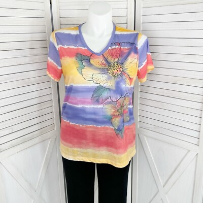 White Stag Tee Short Women XXL Ombre Multi Striped Floral Studded Short Sleeve