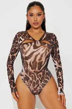 NEW Women's Leopard Long Sleeve Mesh Bodysuit Size Extra Large - XL