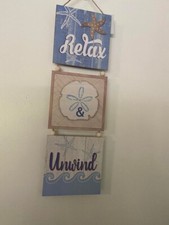 Wooden Hanging Wall Sign Beach Decor, Relax, Unwind 19x6 Inches
