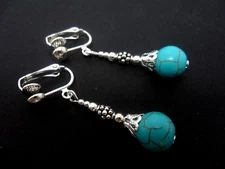 A PAIR OF TURQUOISE  BEAD  SILVER  PLATED DROP  CLIP ON EARRINGS. NEW.