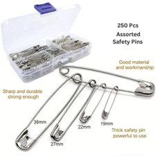 Assorted Safety Pins 250Pcs Small to Large 4 Sizes Ideal for Crafting & Sewing
