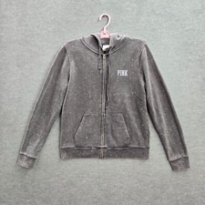 Pink Victoria's Secret Women Hoodie M Gray Love Full Zip Long Sleeve Drawstring