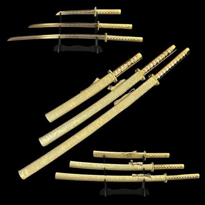 Gold Samurai Sword Set 3PCS Katana Wakizashi Tanto Unsharpened