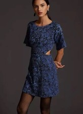 NWT Anthropologie Floral Jacquard Cut-Out Blue Black Mini Dress 0 $140 Stretch