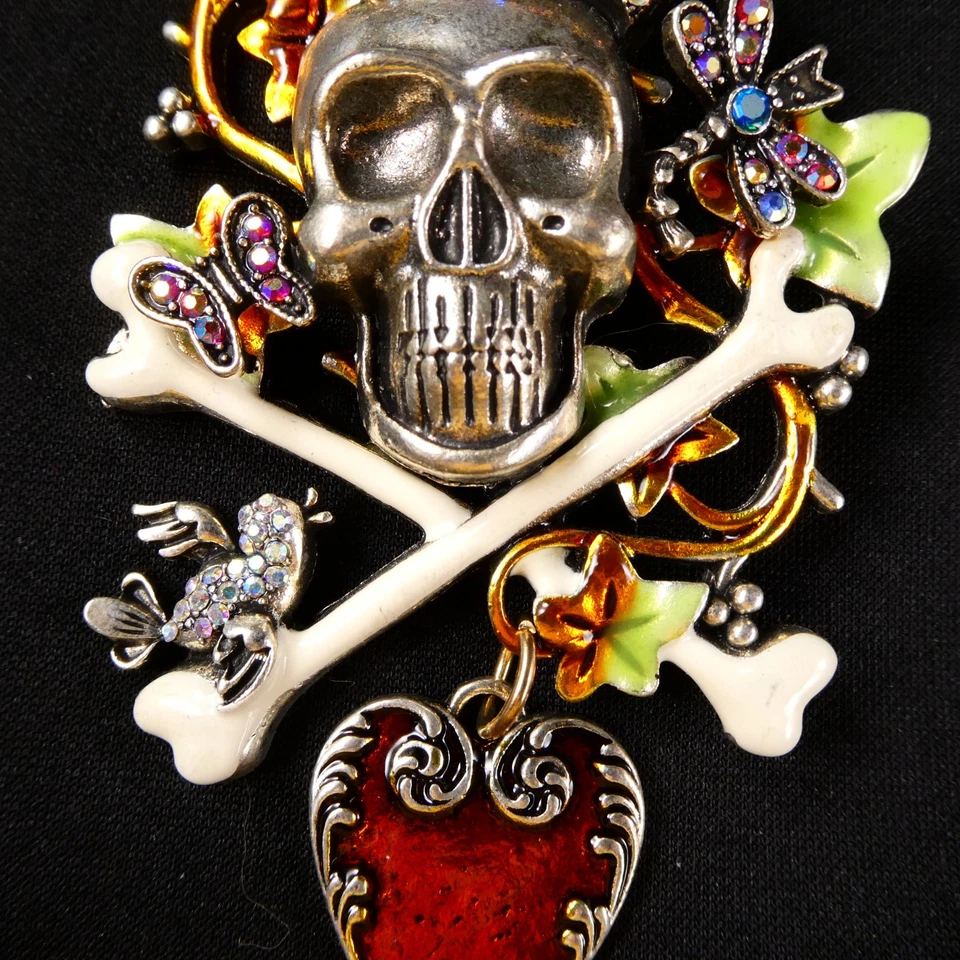 Broche prendedor calavera y huesos de Halloween corazón colgante pedrería libélula pájaro GRANDE Foto 4 de 4