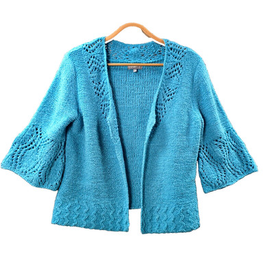 Per Una Cardigan Womens Size M Aqua Blue Chunky Knit 3/4 Sleeve Open Front