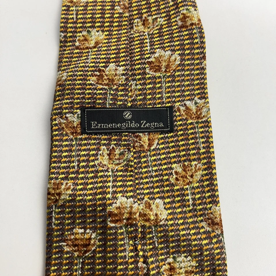 Corbata Ermenegildo Zegna Para Hombre Marrón Amarillo Floral Mezcla Seda Hecha en Italia Foto 3 de 4