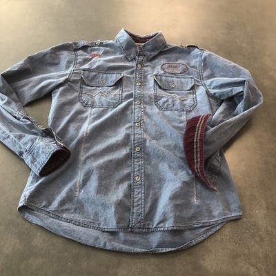 Affliction Motors Shirt  Long Sleeve Button Up Slim Fit XL Blue Embroidered