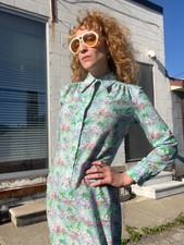 LANVIN Vintage 1960s Pastel Lotus Print Floral Silk Shirt Dress Dagger Collar
