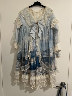 DearAndDeLol Lolita Blue/White Lace Ruffle Bow Puff Sleeve Knee Dress M/L