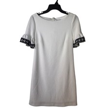 ELLE White Textured A-Line Dress with Black Crochet Ruffle Sleeve Women's XS