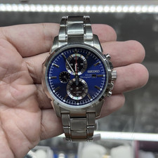 Seiko Solar Quartz Chronograph Alarm 42mm Blue Dial Steel Bracelet 100m