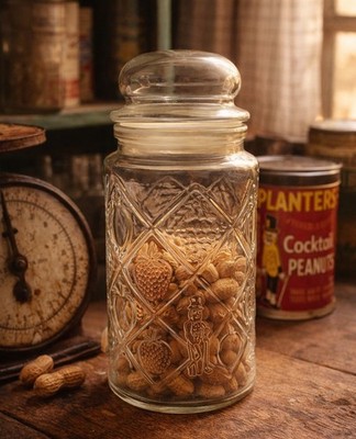 Vintage Planters Peanut Jar Mr Peanut Glass Canister w Lid 1960s