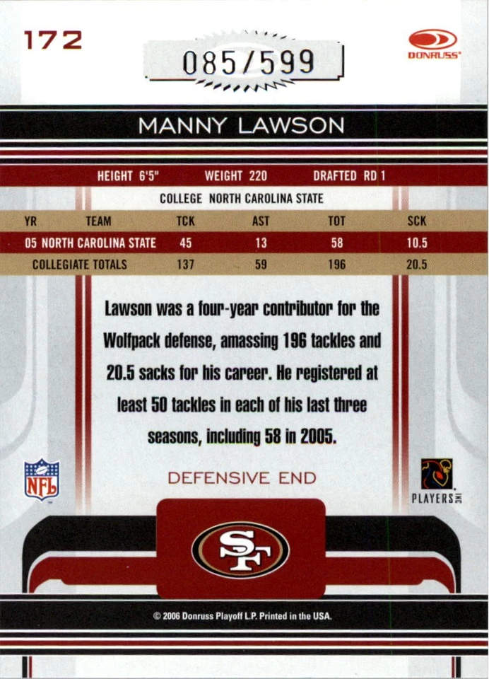 2006 Donruss Gridiron Gear Retail #172 Manny Lawson RC /599 - FB - Image 2 of 2
