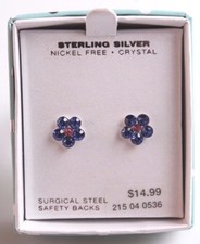 Girls Sterling Silver 925 9mm Purple Pink Crystal Flower Post Stud Earrings NIB