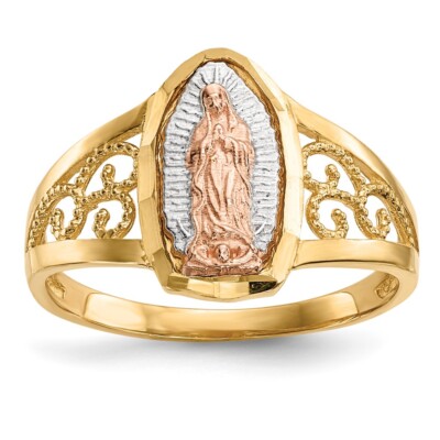 14k zweifarbiger Goldring mit weißem Rhodium Lady of Guadalupe für Frauen Größe 7