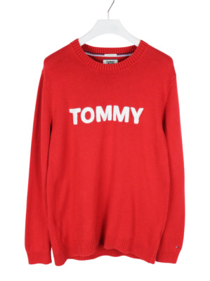 Tommy Hilfiger Jumper Mens Large Red Crew Neck Logo Knit Sweater