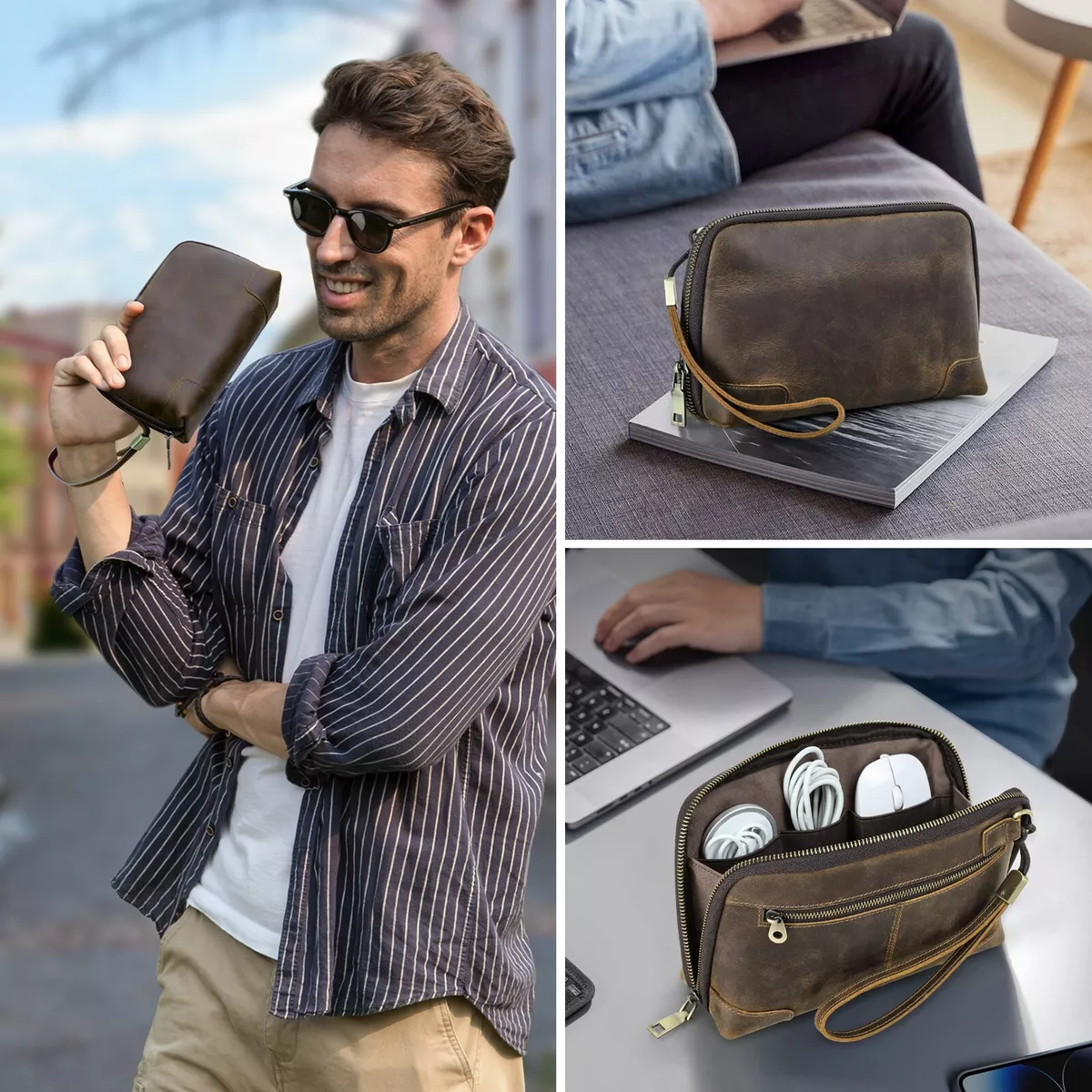 Men's Genuine Leather Clutch Bag Charger Data Cable Storage Bag Organizer  Travel