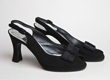 Stuart Weitzman Black Fabric Spool Heel Peep Toe Slingback Shoes Bows Size 7.5