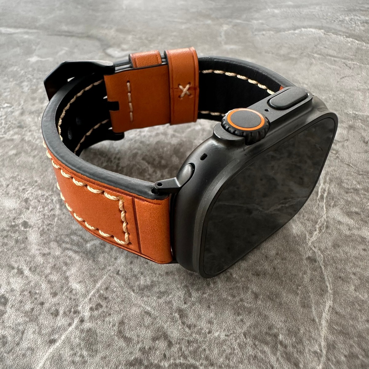 Dark Orange Thick Leather Watch Strap Band For NEW Black Apple Watch Ultra 