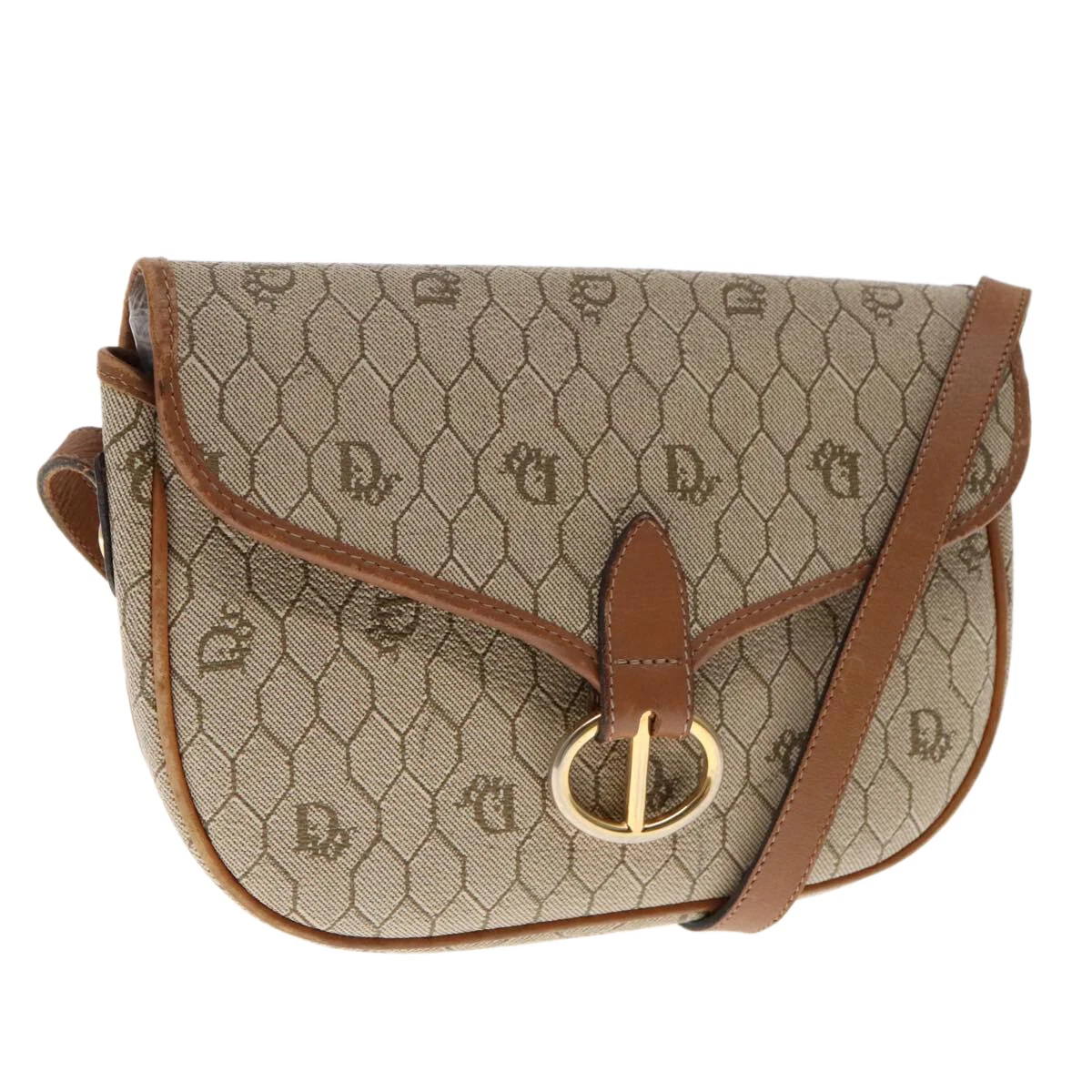 Christian Dior sac à bandoulière toile nid d'abeille PVC cuir beige or authentique 94420