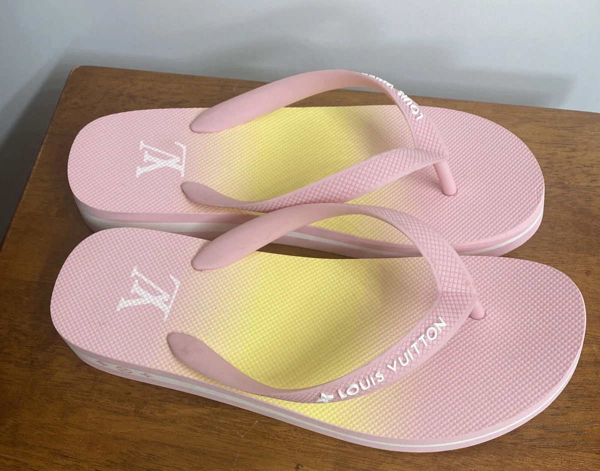 Louis Vuitton Flip Flop Sandal Pink And Yellow Rubber Wedge New AUTHENTIC 38