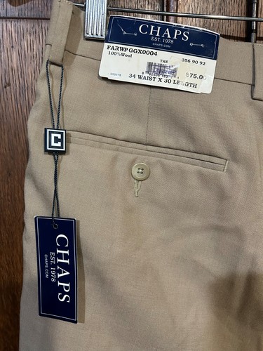 Chaps Mens Dress Pants 34x30 Tan New Wool Cuffed Pleated Dess Slacks Suit. NWT! - Picture 3 of 8
