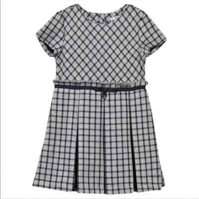 Girls Mayoral Short Sleeve Checkered Pleated A-Line Dress Navy and Gray Size 4