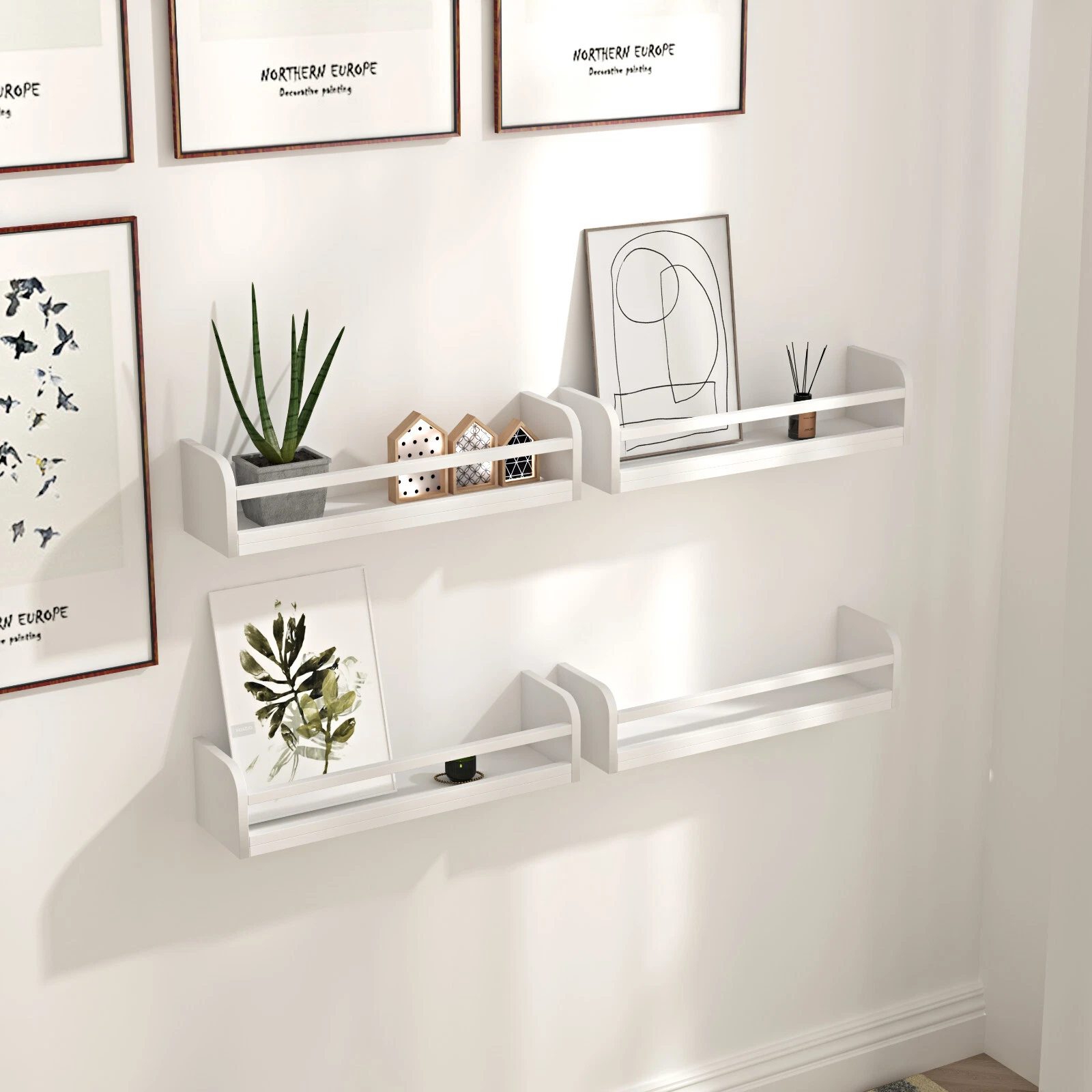 Set 4 Floating Shelves Wood Wall Mounted Shelf Display Book Shelf For Kids Home