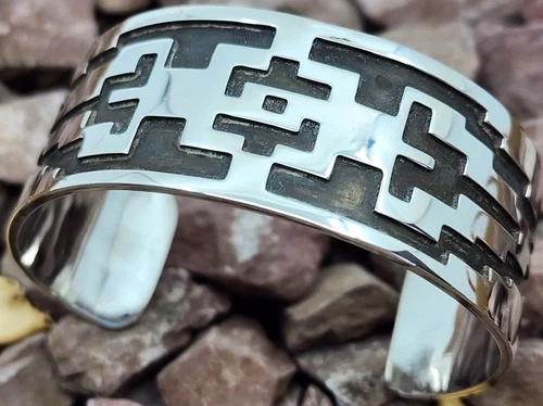 Vintage Native American Hopi Overlay Sterling Silver Tribal Mens Cuff Bracelet
