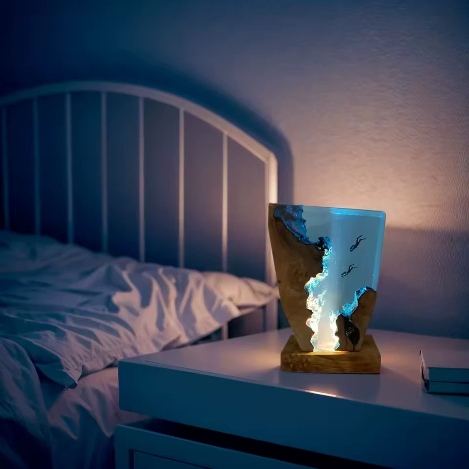Handmade Ocean Resin Lamp With Divers- Unique Epoxy Wood Night Light- Deep Sea - Image 2 of 2