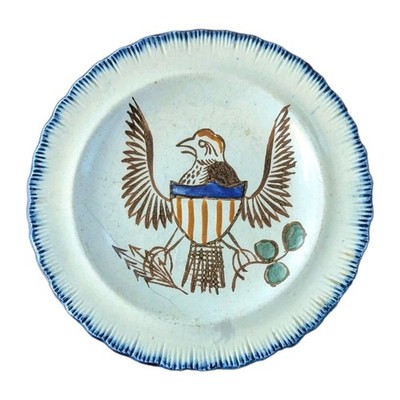 Rare 1790-1820 Federal American Eagle Blue Feather Edge Pearlware Cup Plate 
