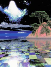 Cosmic Light Burst Over Checkerboard Sea Poster 18x24in