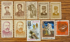 10 Stamps, 7 Indochina, 2 Dubai, Russia, SHIPS 74¢, MINT, 7 NEW/No Gum/No Cancel
