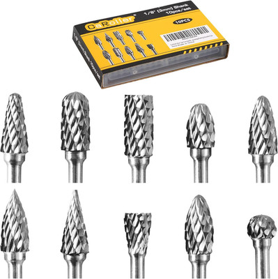 Caroller Tungsten Carbide Burr Set, 1/8'' Shank 10PC Double Cut Die Grinder Rotar
