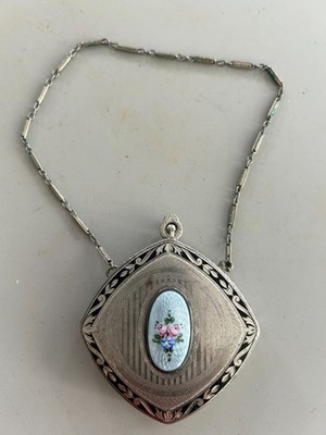 Vintage FMC Guilloche Metal Compact with Enamel Flower and Wrist Chain +Lipstick