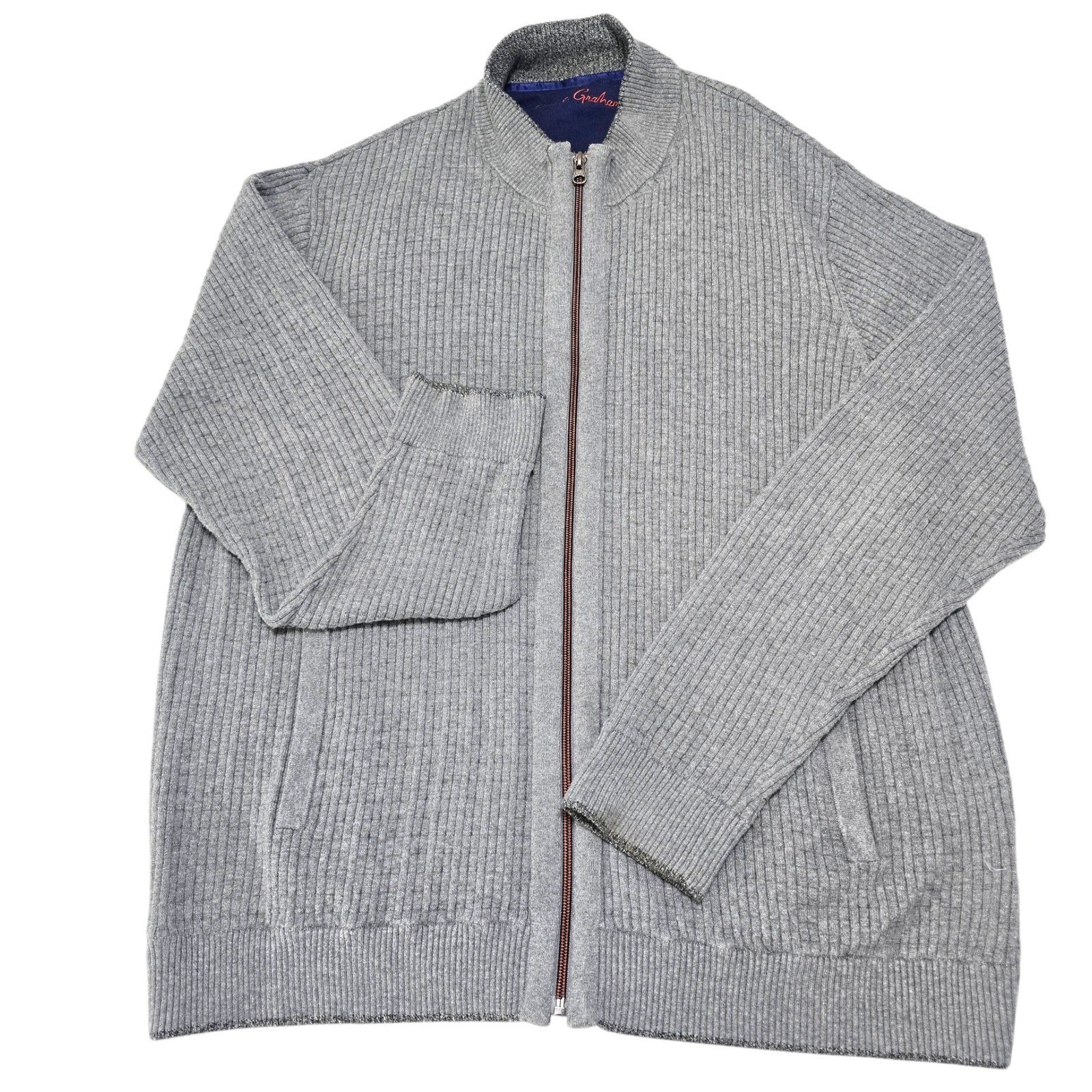 Robert Graham Men's Grey Ribbed Full Zip Knit Sweater Jacket Size 2XL