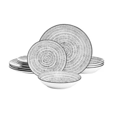 Pfaltzgraff Sketch Serenade 12-Piece Dinnerware Set Black White Plates Bowls