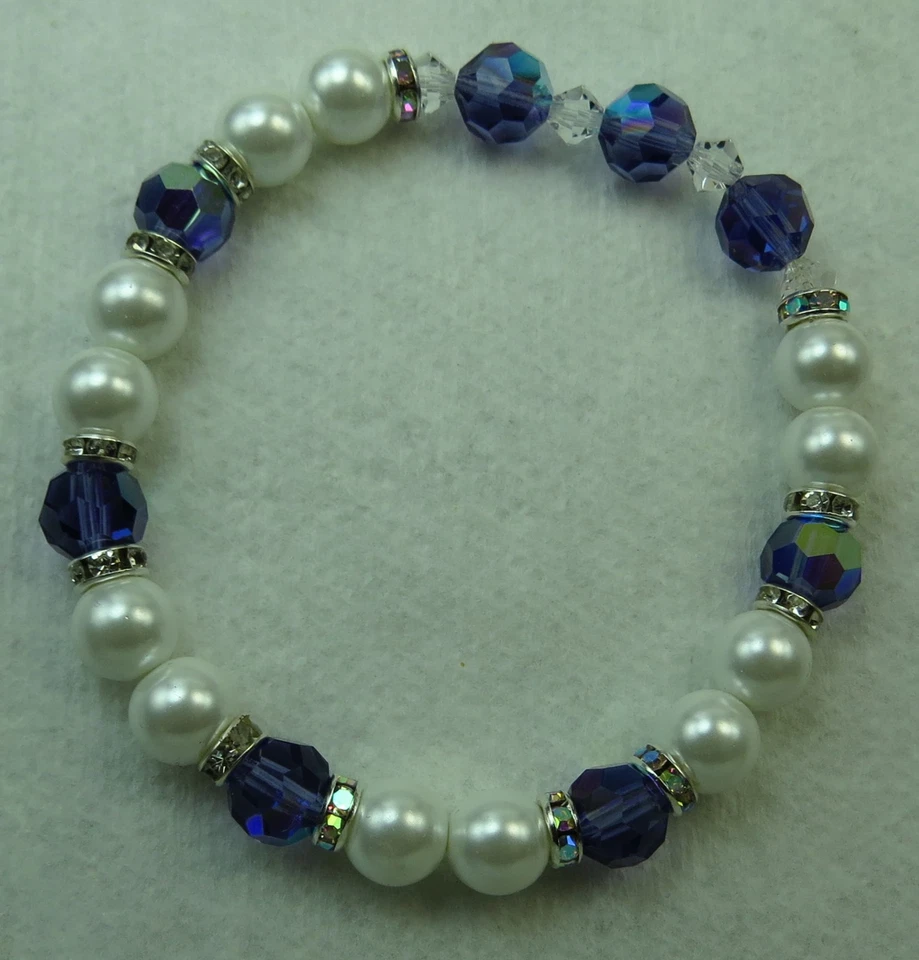 Handmade Beaded Stretch Birthstone Bracelet:White Shell Pearls and Czech Crystal - Image 2 of 4