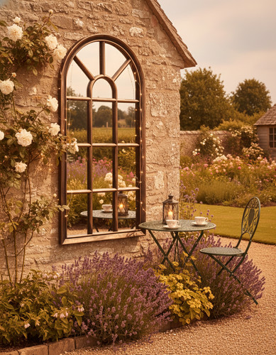 Outdoor Arched Garden Mirror Bronze Window Style Wall Mirror Weatherproof