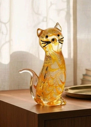 Vintage Murano Style Art Glass Cat Figurine Orange Amber Swirl Hand Blown 3.5”