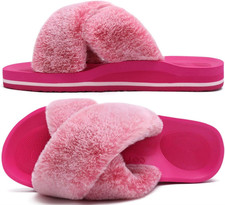 Womens Fuzzy Slides Fluff Faux Fur Cross Slippers Open Toe Yoga Mat House Slippe