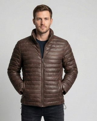 Men's Genuine Lambskin Leather Quilted Puffer Jacket Distressed Brown Coat S-3XL