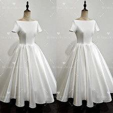 Short Wedding DresseSatin White Ivory Lace up Vintage Short Sleeves Bridal Gown