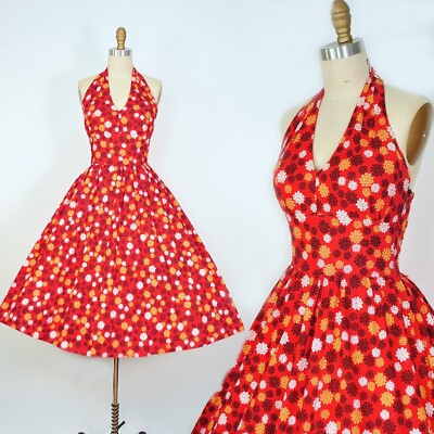 Vintage 50s Halter Top Floral Print Dress Red Orange Cotton Pinup Sundress  SMALL | eBay