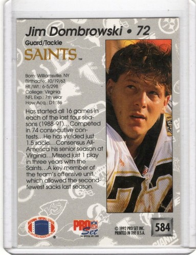 1992 Pro Set #584 Jim Dombrowski Autografo - Foto 2 di 2