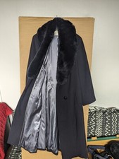 Jacques Vert Long Blue Coat Size 16 Faux Fur Collar Victorian Style Cossack