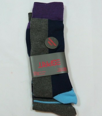 Men's 2 Pack ESPRIT  Gray aqua stripes Purple gray Navy crew socks size 10-13 