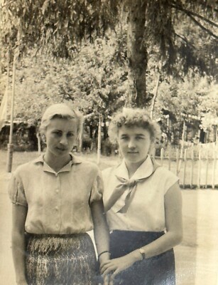 1959 Vintage Photo TwoYoung Girls Hugging Pioneer camp Portrait Snapshot