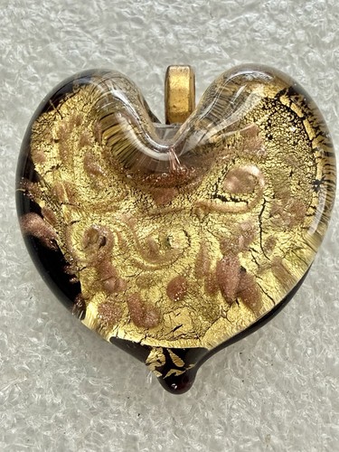 Signed MURANO Glass Black, Amber, Gold Swirl Heart Pendant